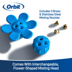 Light blue interchangeable flower shaped misting head, regular shaped misting head with three brass and stainless steel misting nozzles. 