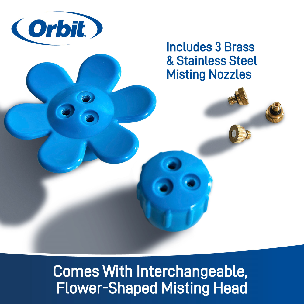 Light blue interchangeable flower shaped misting head, regular shaped misting head with three brass and stainless steel misting nozzles. 
