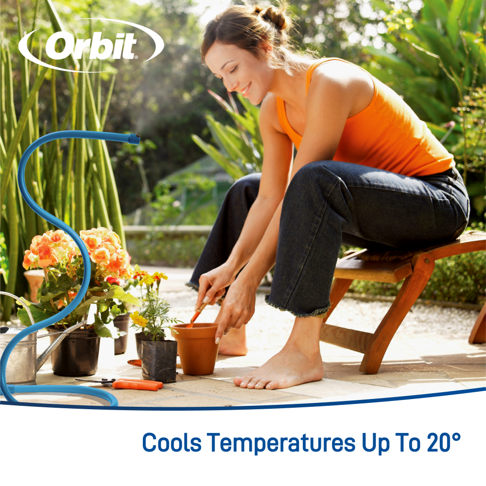 A lady planting flowers outdoors using a personal adjustable mist cooling sprayer  that lowers ambient temps up to 20 degrees.