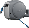 Gray Orbit brand hose reel with blue hose on a white background