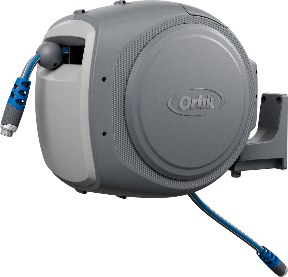Gray Orbit brand hose reel with blue hose on a white background