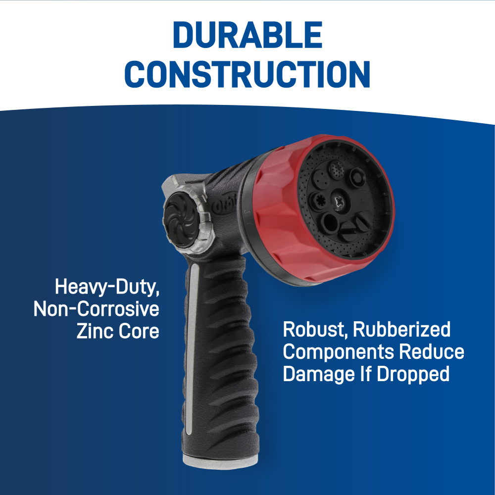 Pro series thumb control cannon nozzle. Notating it's durable construction with heavy-duty non-corrosive zinc core, and robust, rubberized components. 
