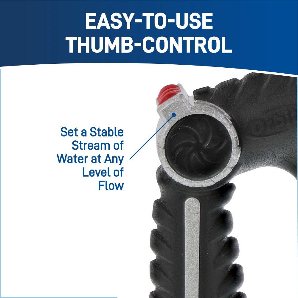 Easy to use thumb control. Easily set a stream of water at any level of flow.