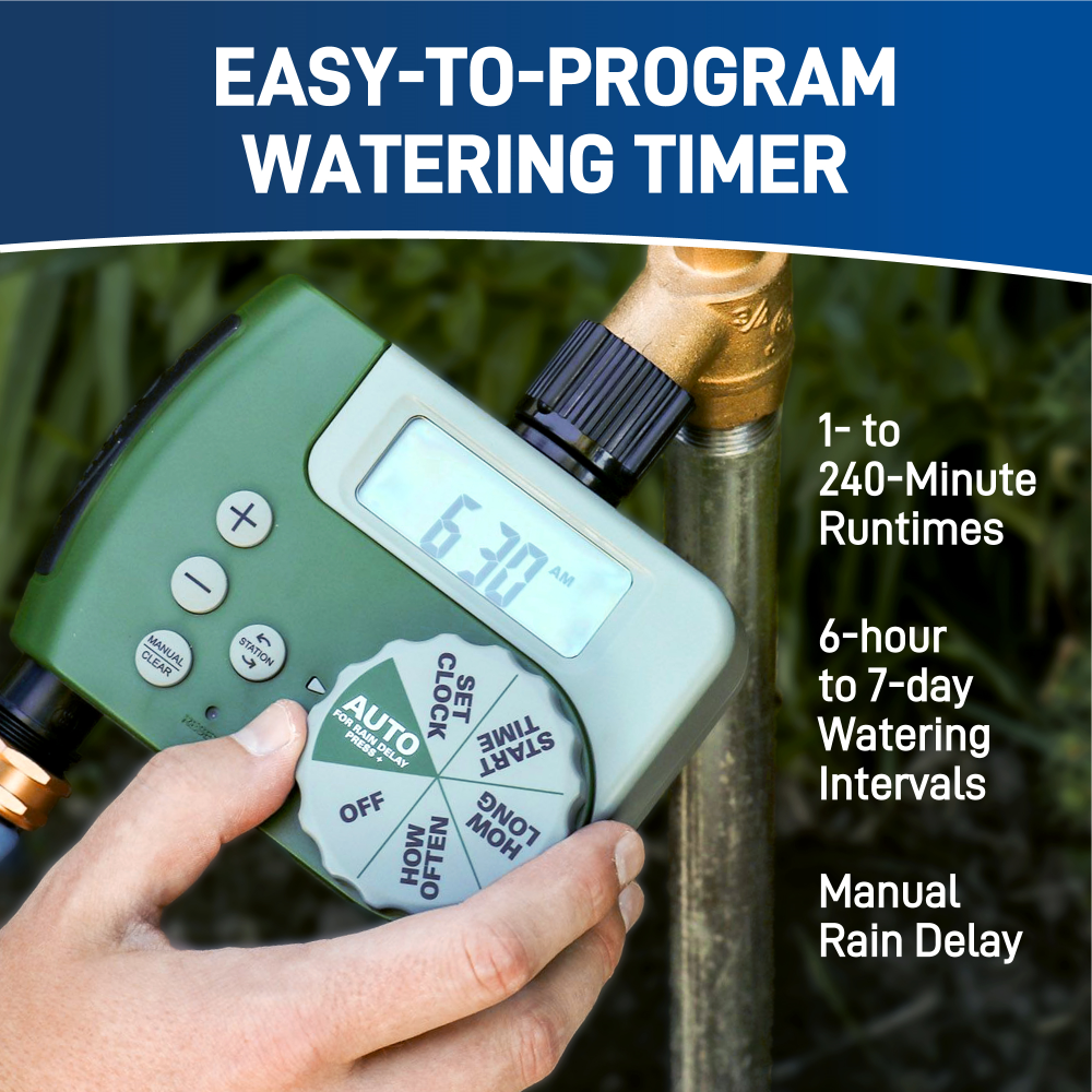Easy to program two outlet hose tap watering timer. Showing led display and large manual programming dial. 