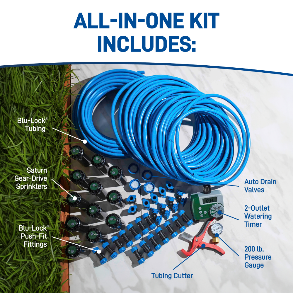Components of the all-in-on kit. Blu-lock tubing, Saturn gear drive sprinklers, Blu-Lock push fittings, tubing cutter, auto drain valves, two outlet watering timer, two hundred pound pressure gauge. 