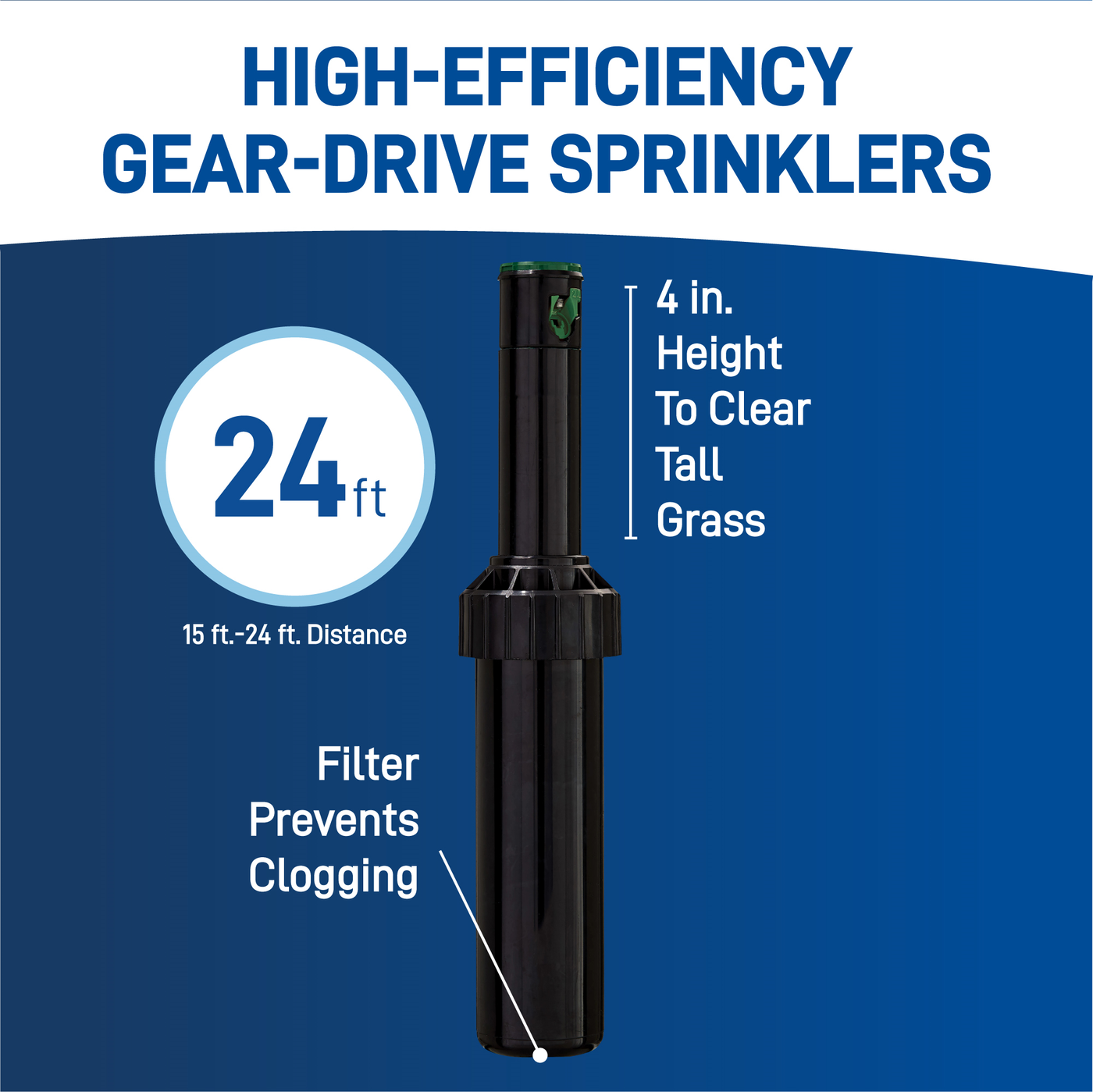 Four inch high efficiency gear drive sprinkler with filter that prevents clogging. 