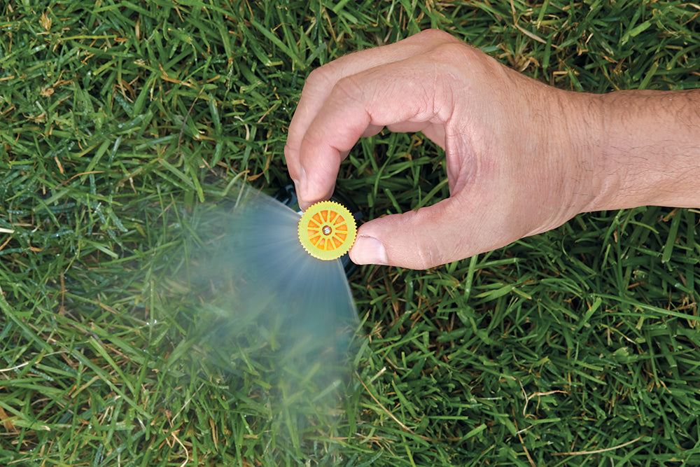 This nozzle includes a filter and adjustment screw which allows you to reduce the spray pattern down to 75 percent of its rated distance.
