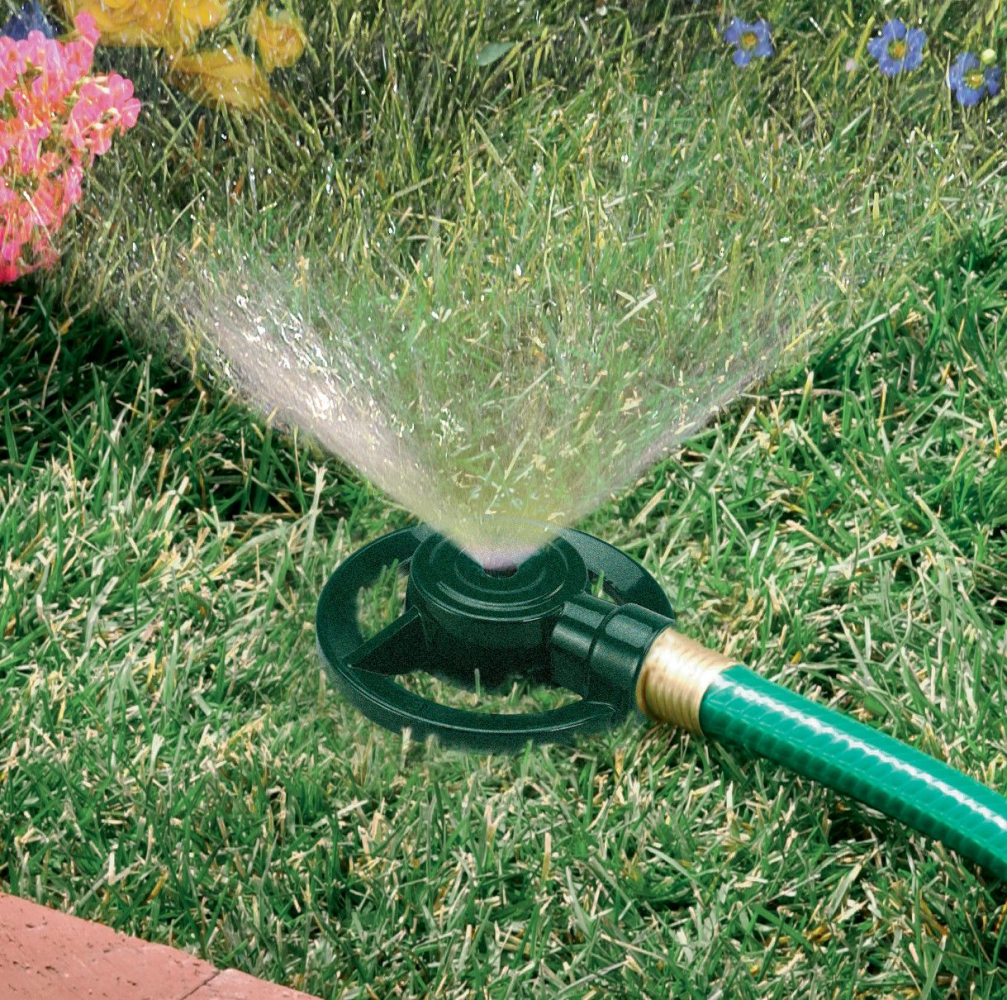 Dad's reliable zinc spot sprinkler, connected to a garden hose and emitting a spray of water. 