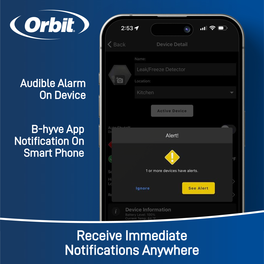 B-hyve app on a smartphone. Featuring the b-yve smart flood sensor audible alarm with the ability to receive immediate notifications anywhere.