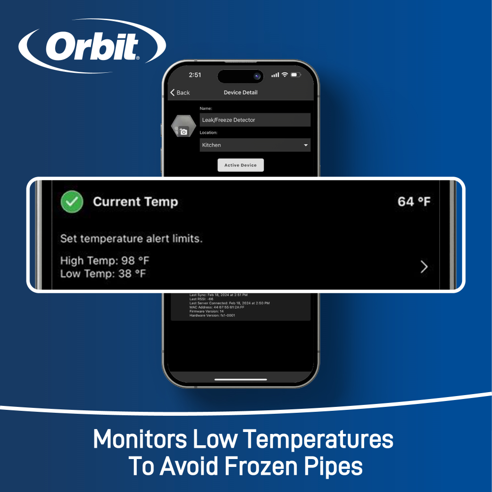 The b-hyve app on a smartphone features the B-yve smart flood sensor temperature alerts that monitor low temperatures to avoid frozen pipes.
