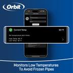 The b-hyve app on a smartphone features the B-yve smart flood sensor temperature alerts that monitor low temperatures to avoid frozen pipes.