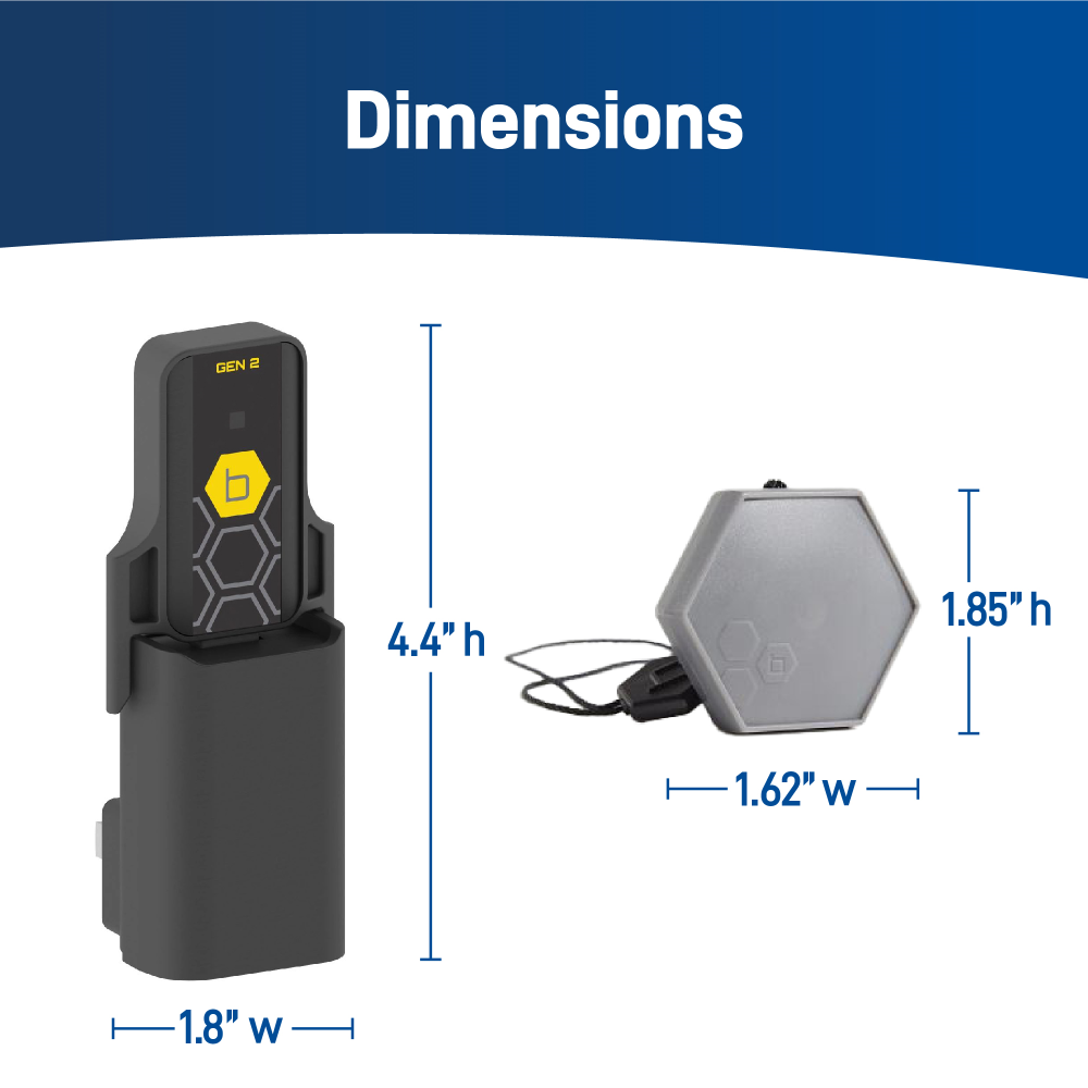 Dimensions of one B-yve Gen 2 hub, and one B-yve smart flood sensor.