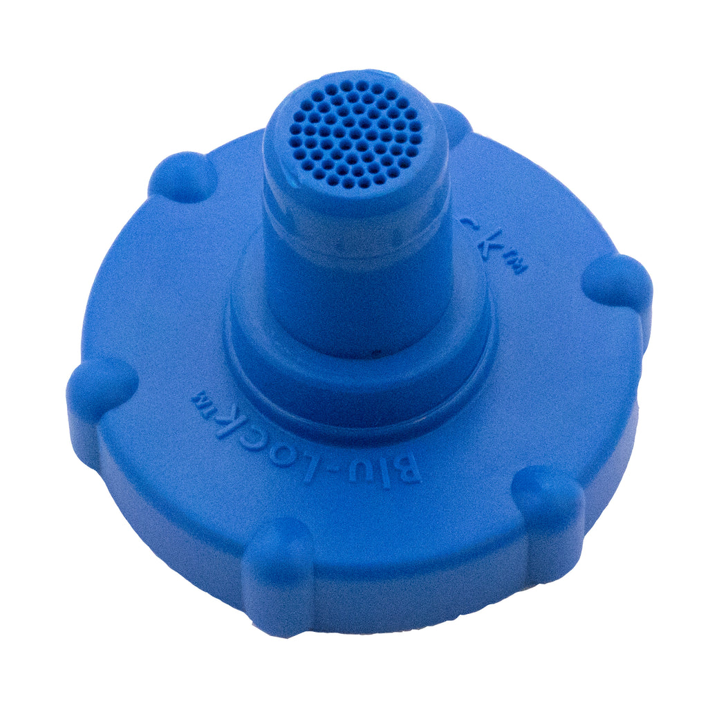 A blue plastic drain valve designed to fit into a Blu-lock 1/2 inch swing pipe for irrigation systems.